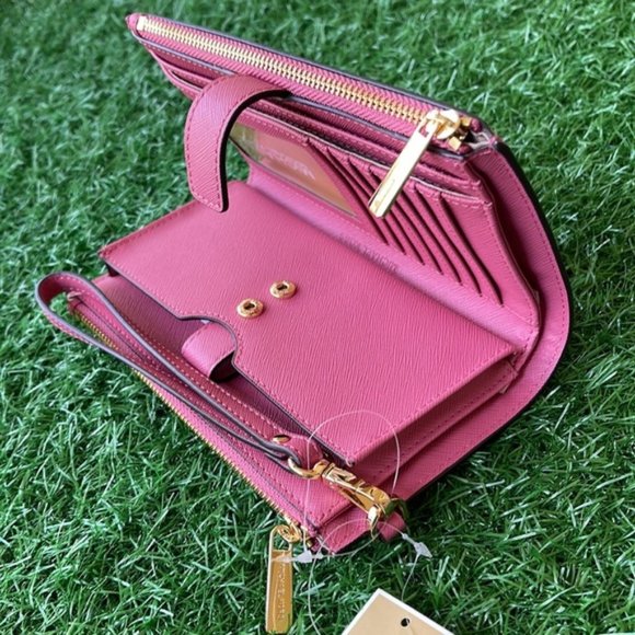 Michael Kors Jet Set Travel Large Double Zip Wristlet Wallet Rosewood Leather - Picture 9 of 16